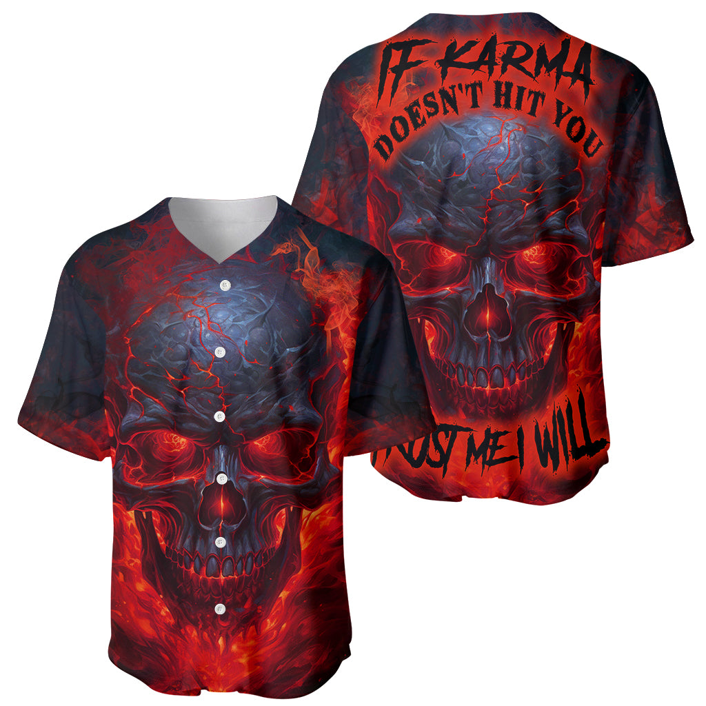 Horror skull baseball jersey set: black with red fiery graphics, two views, short sleeves