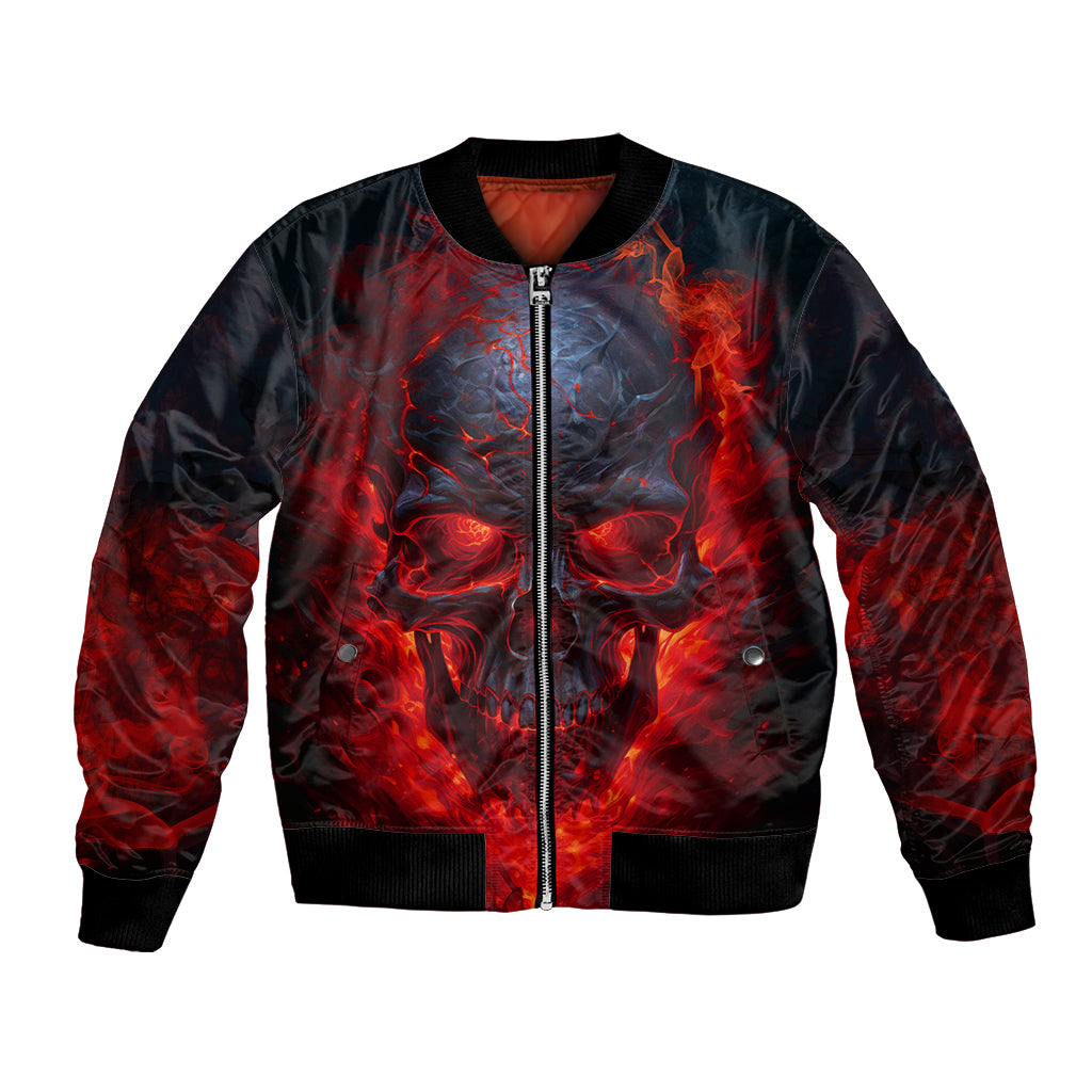 Black bomber jacket with red skull graphic, front zipper closure, ribbed cuffs