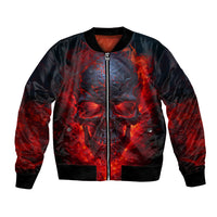Black bomber jacket with red skull graphic, front zipper closure, ribbed cuffs
