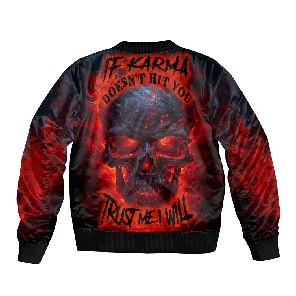 Black bomber jacket with red skull graphic, ribbed collar and cuffs, back view