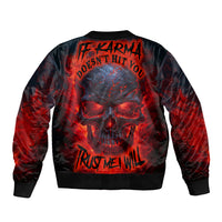Black bomber jacket with red skull graphic, ribbed collar and cuffs, back view
