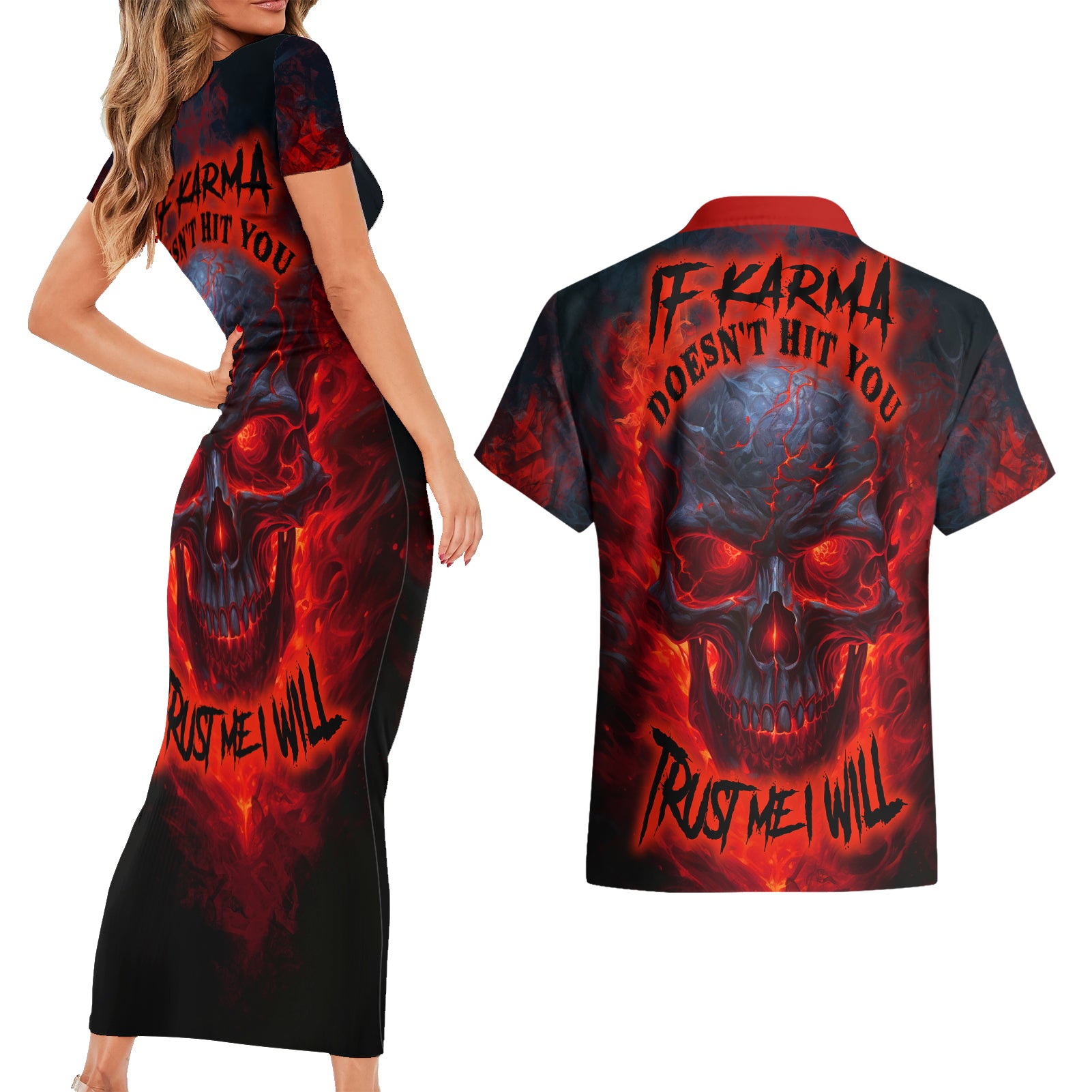 Horror Skull Couples Matching Short Sleeve Bodycon Dress and Hawaiian Shirt If Karma Doesn't Hit You Trust me I Will - Wonder Print Shop