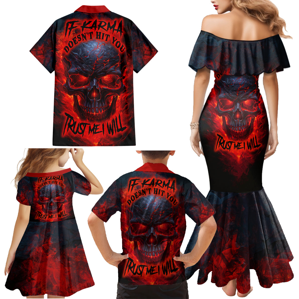 Horror Skull Family Matching Mermaid Dress and Hawaiian Shirt If Karma Doesn't Hit You Trust me I Will - Wonder Print Shop