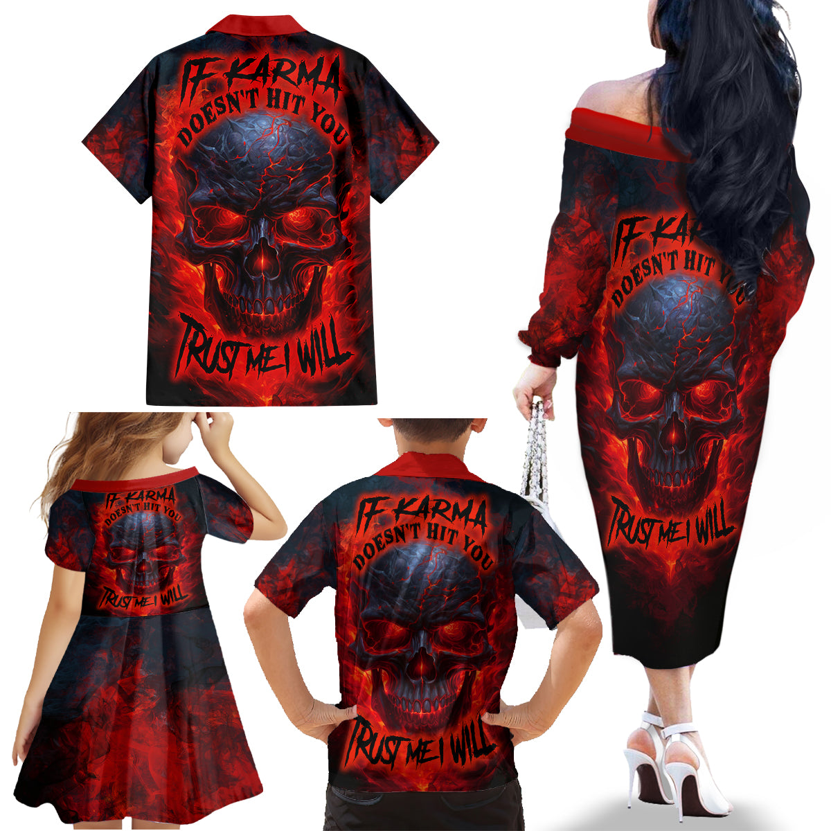 Horror Skull Family Matching Off Shoulder Long Sleeve Dress and Hawaiian Shirt If Karma Doesn't Hit You Trust me I Will - Wonder Print Shop