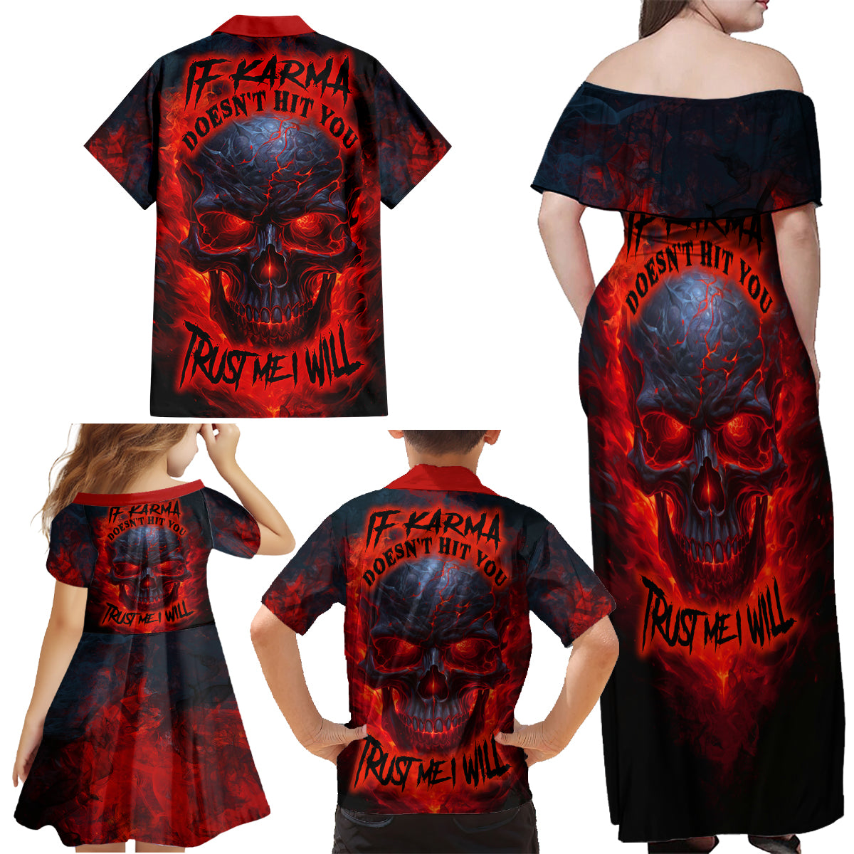 Horror Skull Family Matching Off Shoulder Maxi Dress and Hawaiian Shirt If Karma Doesn't Hit You Trust me I Will - Wonder Print Shop