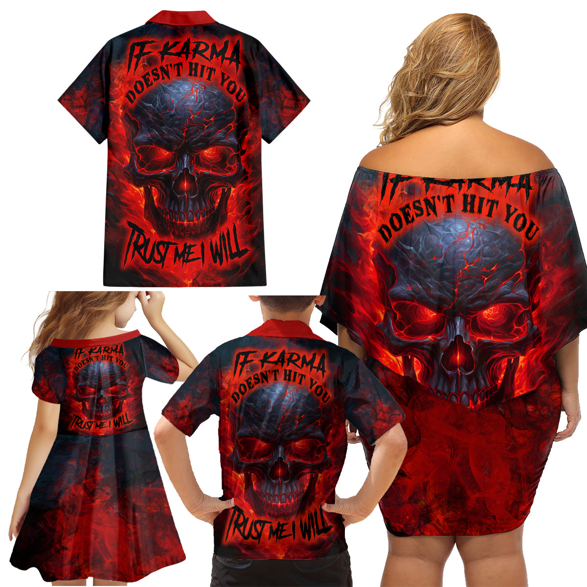 Horror Skull Family Matching Off Shoulder Short Dress and Hawaiian Shirt If Karma Doesn't Hit You Trust me I Will - Wonder Print Shop