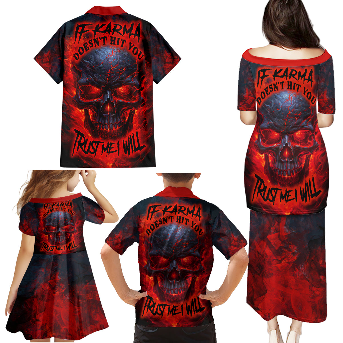 Horror Skull Family Matching Puletasi Dress and Hawaiian Shirt If Karma Doesn't Hit You Trust me I Will - Wonder Print Shop