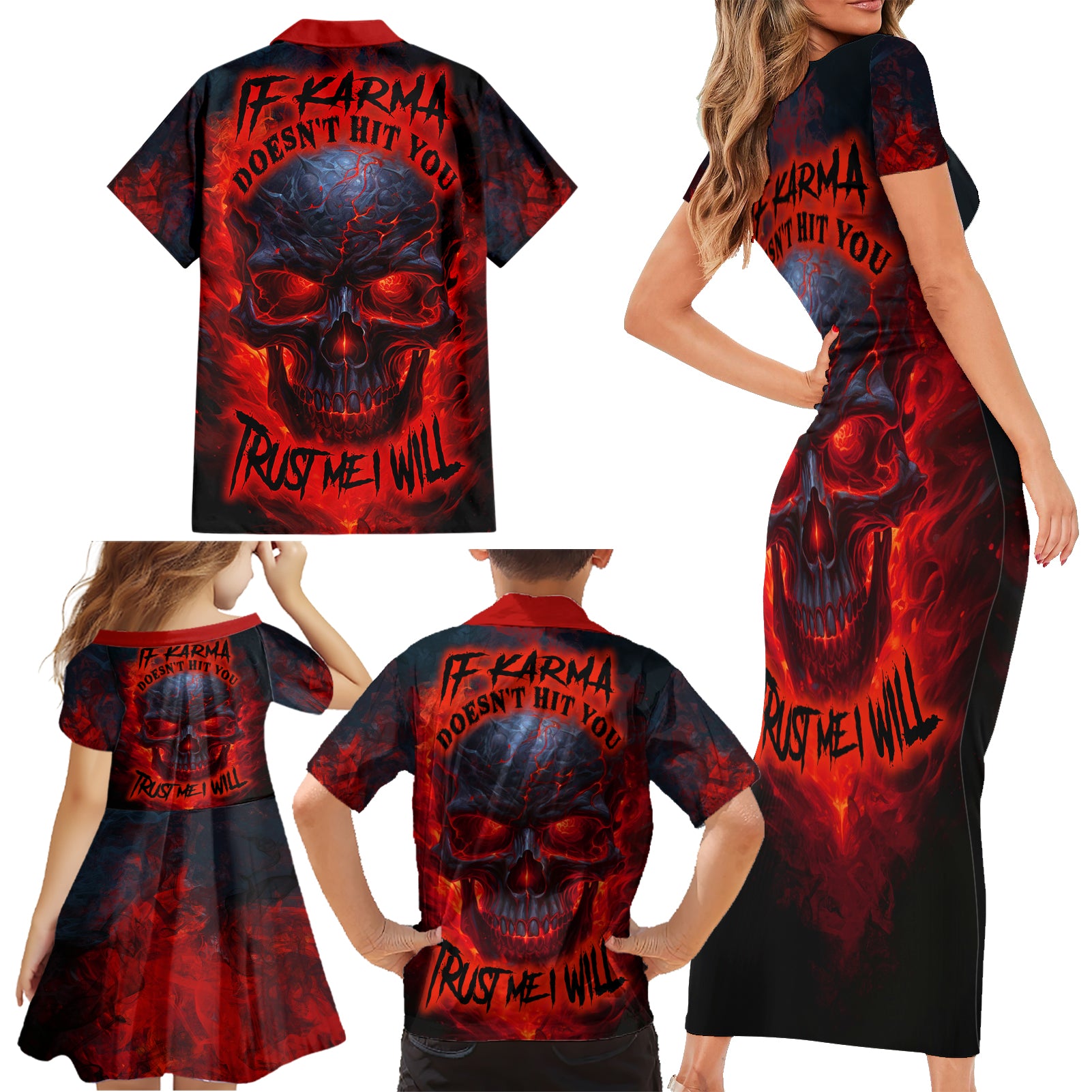 Horror Skull Family Matching Short Sleeve Bodycon Dress and Hawaiian Shirt If Karma Doesn't Hit You Trust me I Will - Wonder Print Shop