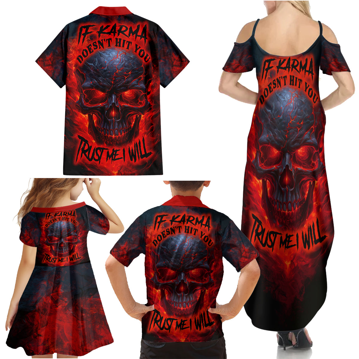 Horror Skull Family Matching Summer Maxi Dress and Hawaiian Shirt If Karma Doesn't Hit You Trust me I Will - Wonder Print Shop