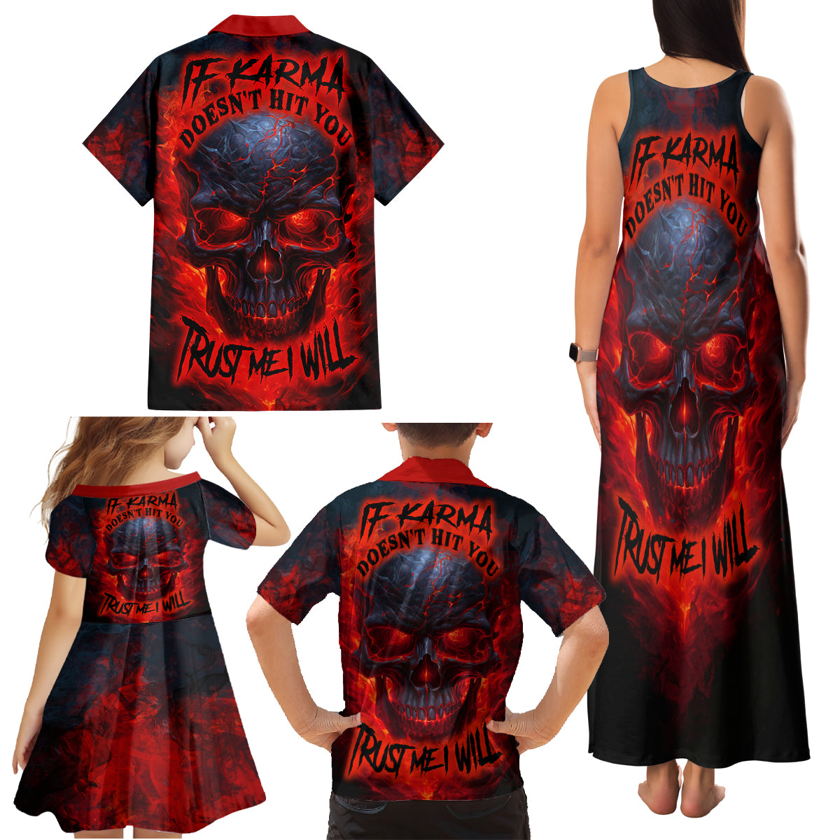 Horror Skull Family Matching Tank Maxi Dress and Hawaiian Shirt If Karma Doesn't Hit You Trust me I Will - Wonder Print Shop