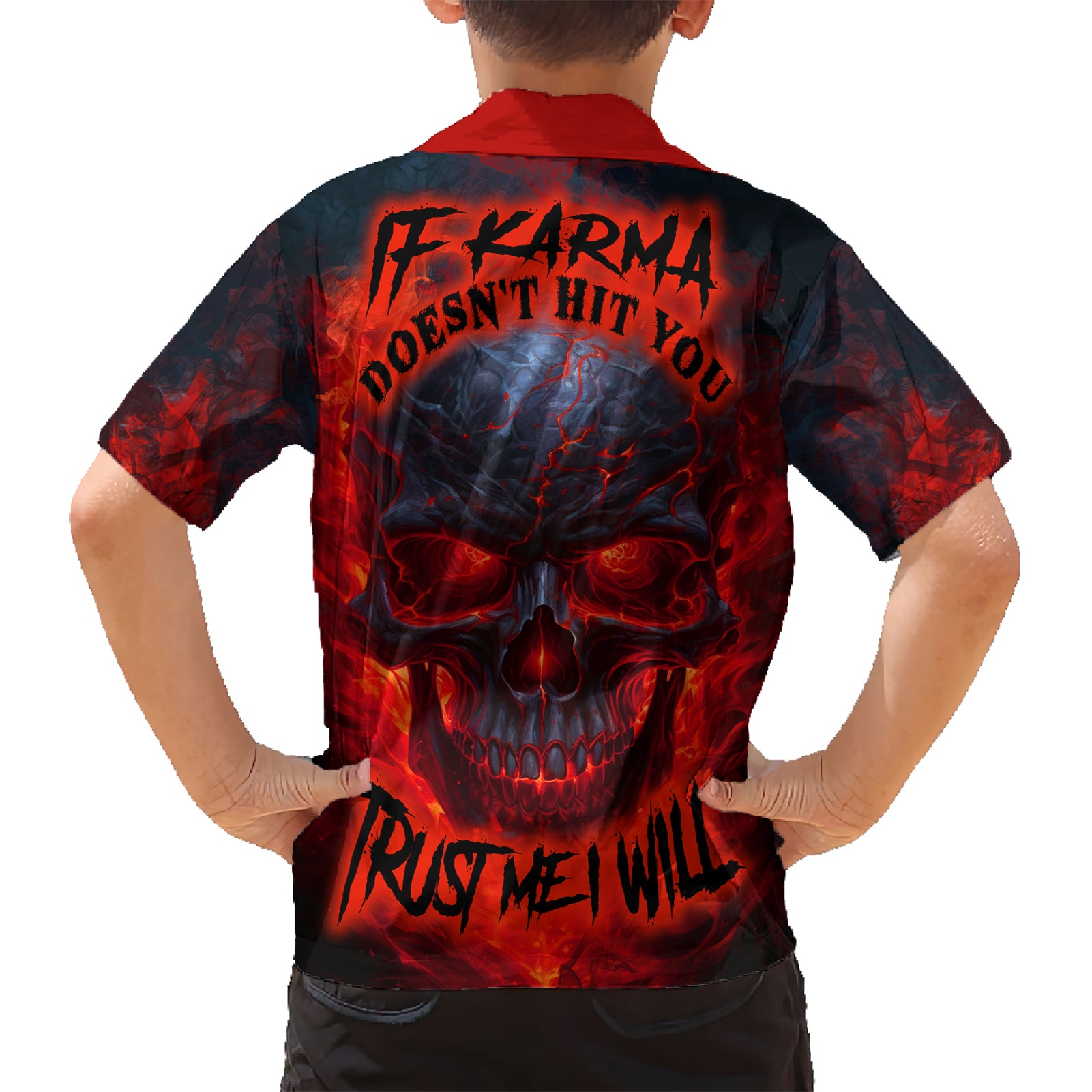 Horror Skull Kid Hawaiian Shirt If Karma Doesn't Hit You Trust me I Will - Wonder Print Shop