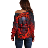 Dark off-shoulder sweater with red and blue skull graphic and long sleeves