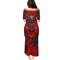 Black long dress with red skull graphic, off-shoulder neckline, short sleeves (back)