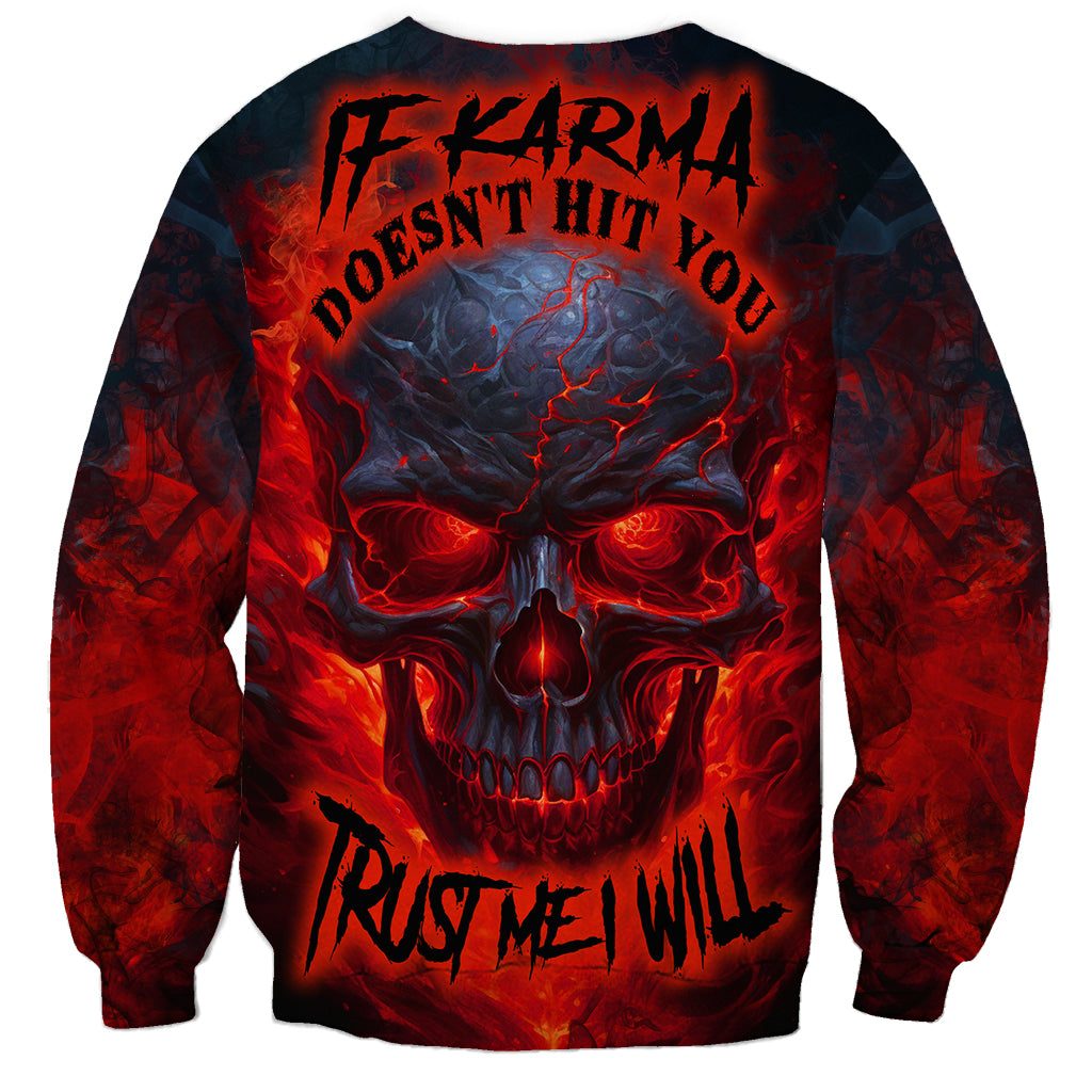 Horror skull graphic sweatshirt, black with red flames and front text, crewneck long sleeve