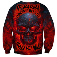 Horror skull graphic sweatshirt, black with red flames and front text, crewneck long sleeve