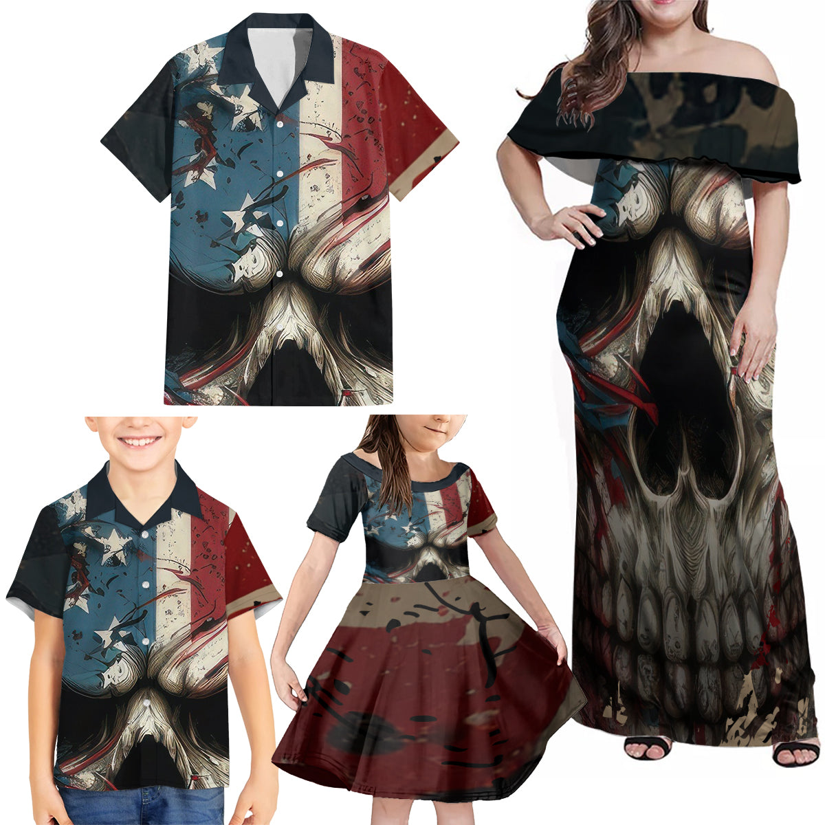 American Flag Skull Family Matching Off Shoulder Maxi Dress and Hawaiian Shirt I'm Not Anti - Social I'm Just Not User Friendly - Wonder Print Shop