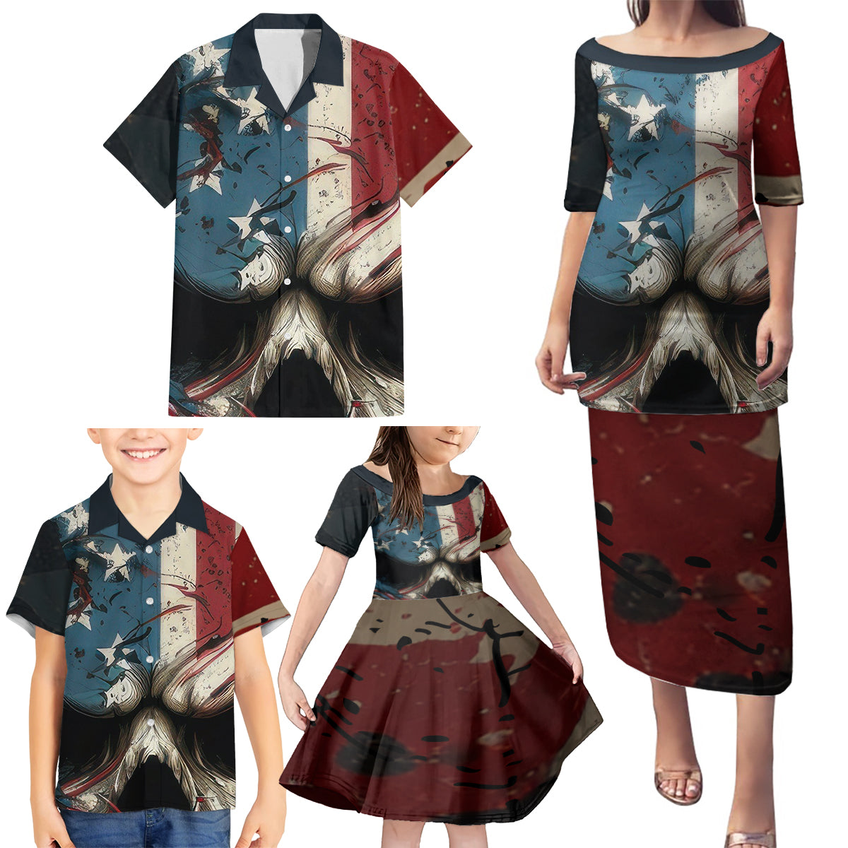 American Flag Skull Family Matching Puletasi Dress and Hawaiian Shirt I'm Not Anti - Social I'm Just Not User Friendly - Wonder Print Shop