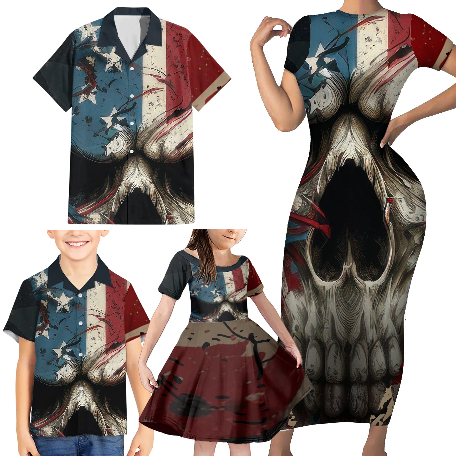 American Flag Skull Family Matching Short Sleeve Bodycon Dress and Hawaiian Shirt I'm Not Anti - Social I'm Just Not User Friendly - Wonder Print Shop