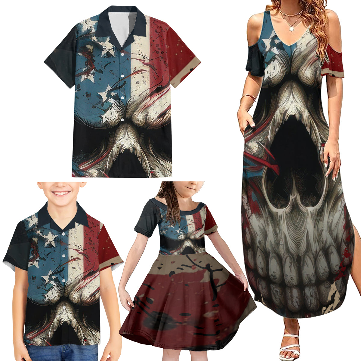 American Flag Skull Family Matching Summer Maxi Dress and Hawaiian Shirt I'm Not Anti - Social I'm Just Not User Friendly - Wonder Print Shop