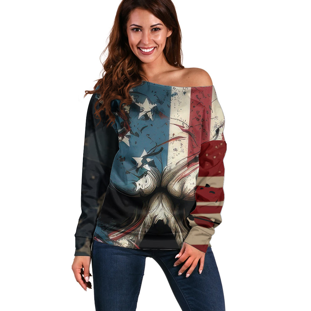 American Flag Skull Off Shoulder Sweater I'm Not Anti - Social I'm Just Not User Friendly - Wonder Print Shop