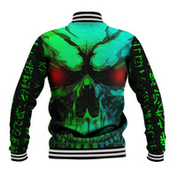 Unisex green camo baseball jacket with skull graphic, striped ribbed collar and cuffs