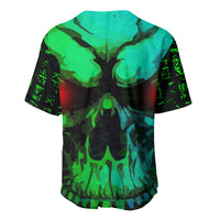 Green camo baseball jersey with skull graphic, short sleeves, button front