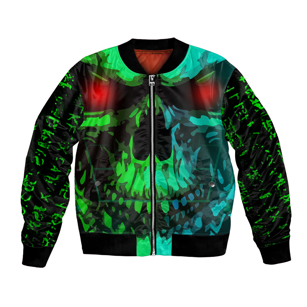 Unisex bomber jacket with full-zip front, black and neon green skull camo print