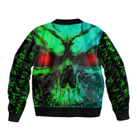 Unisex bomber jacket with black and neon green skull camo print, ribbed cuffs