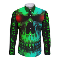 Unisex long-sleeve button shirt with green skull graphic, front view
