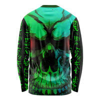 Unisex long sleeve shirt, back view, neon green skull graphic on black