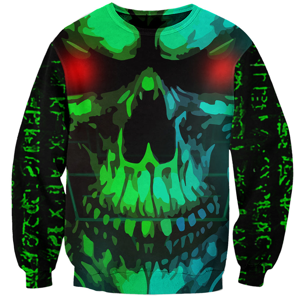 Unisex crewneck sweatshirt with neon green and teal skull graphic, ribbed collar