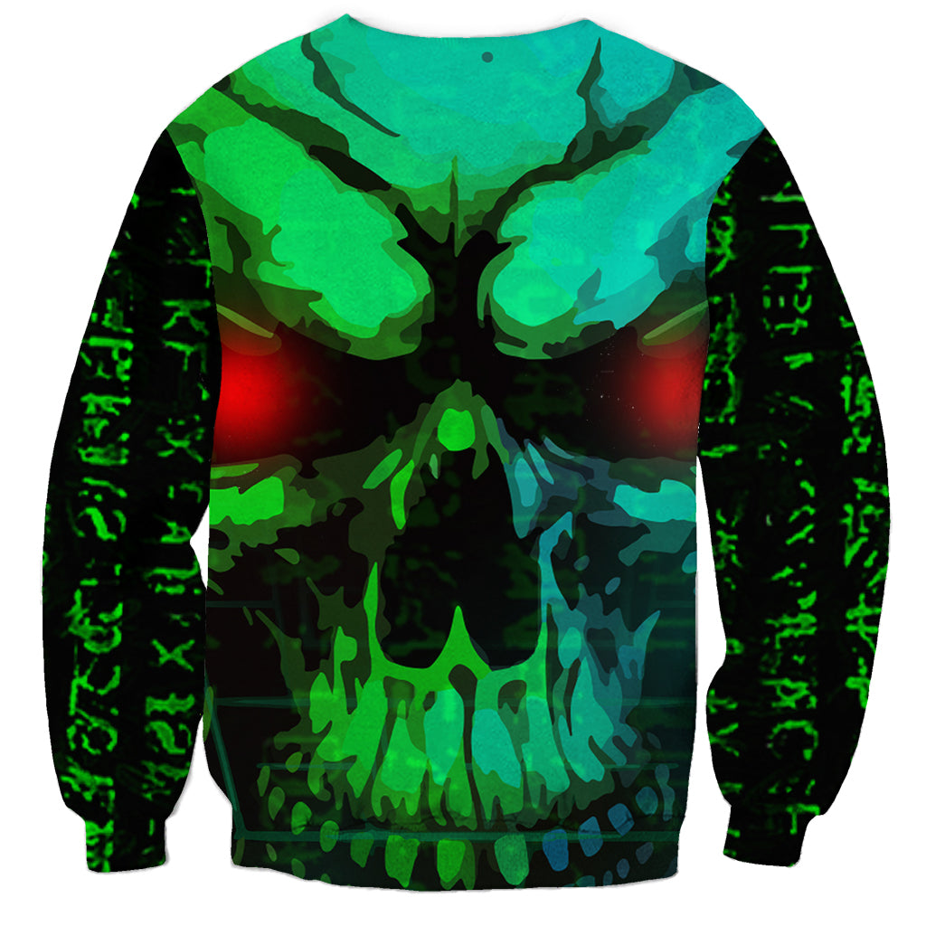 Unisex crewneck sweatshirt with green and black skull-style graphic, long sleeves