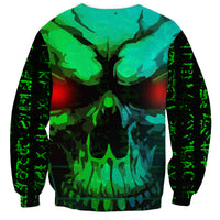 Unisex crewneck sweatshirt with green and black skull-style graphic, long sleeves