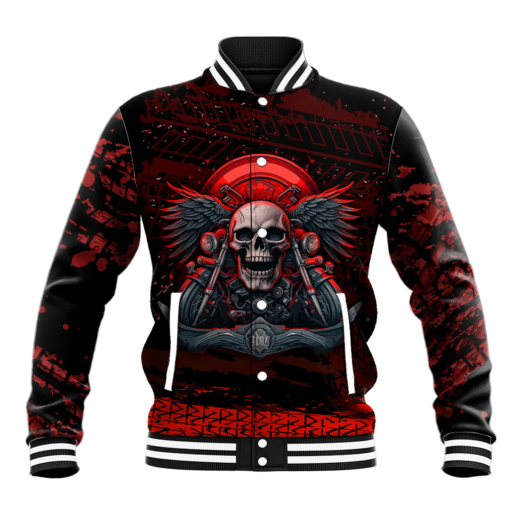 Red and black biker baseball jacket with skull graphic, snap button front and striped cuffs