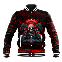 Red and black biker baseball jacket with skull graphic, snap button front and striped cuffs