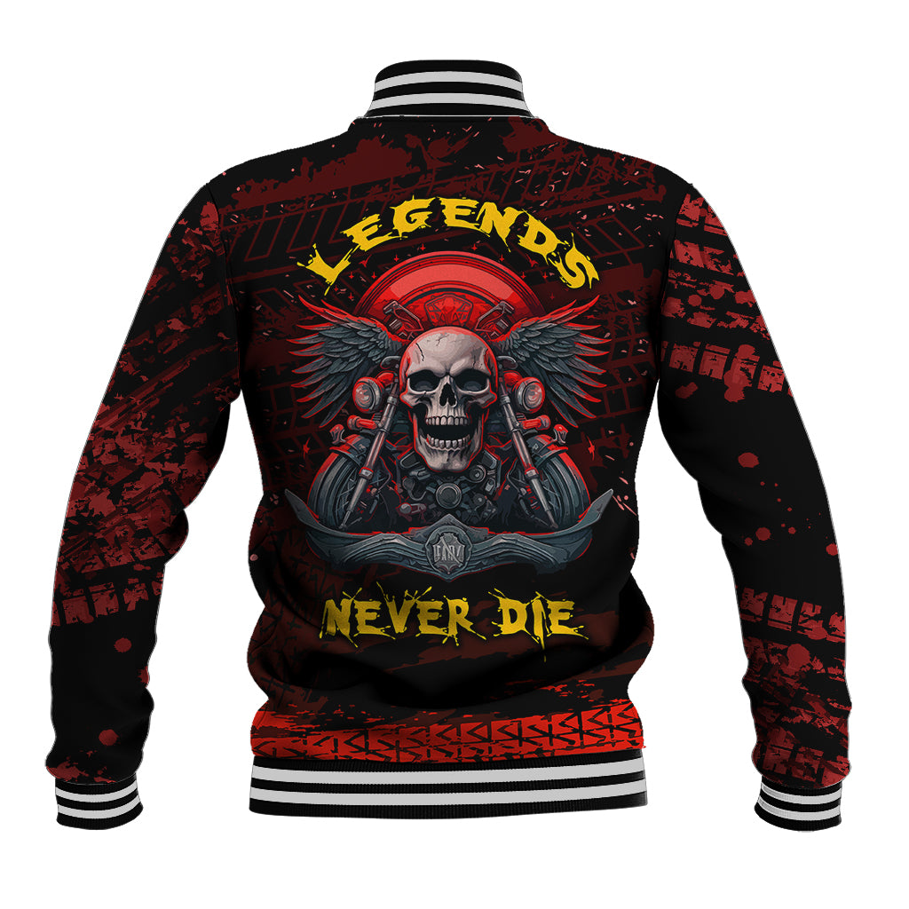 Red and black biker varsity jacket with skull graphic, striped ribbed collar and hem