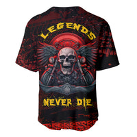 Red/black biker baseball jersey with skull and wing graphics, NEVER DIE button front