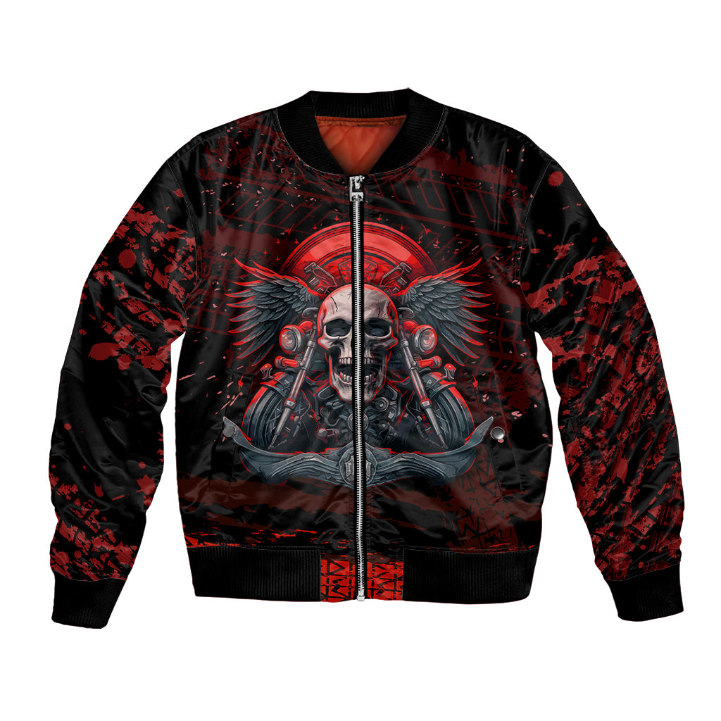 Unisex zip-front bomber jacket, skull biker art with red wings, ribbed cuffs and hem
