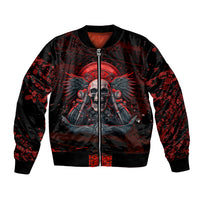 Unisex zip-front bomber jacket, skull biker art with red wings, ribbed cuffs and hem