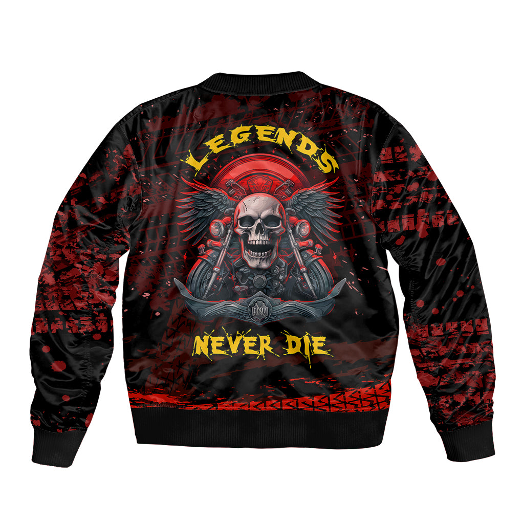 Unisex bomber jacket with skull biker graphic, red and black grunge print, ribbed hem
