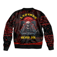 Unisex bomber jacket with skull biker graphic, red and black grunge print, ribbed hem