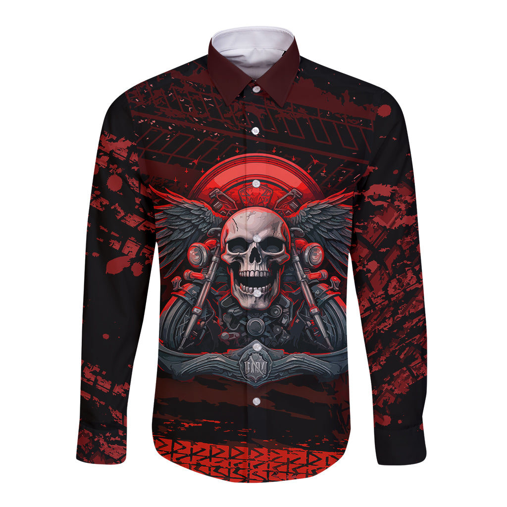 Long-sleeve button shirt with skull biker front graphic and red grunge pattern