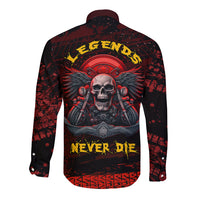 Long-sleeve button shirt with skull biker back print, wings and “Never Die” text