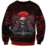 Unisex red and black crewneck sweatshirt with central skull biker and wing emblem graphic