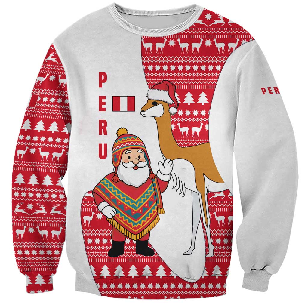 Peru Christmas Sweatshirt with Santa Claus Vicuña Andean Poncho and Red Festive Pattern Design - Wonder Print Shop