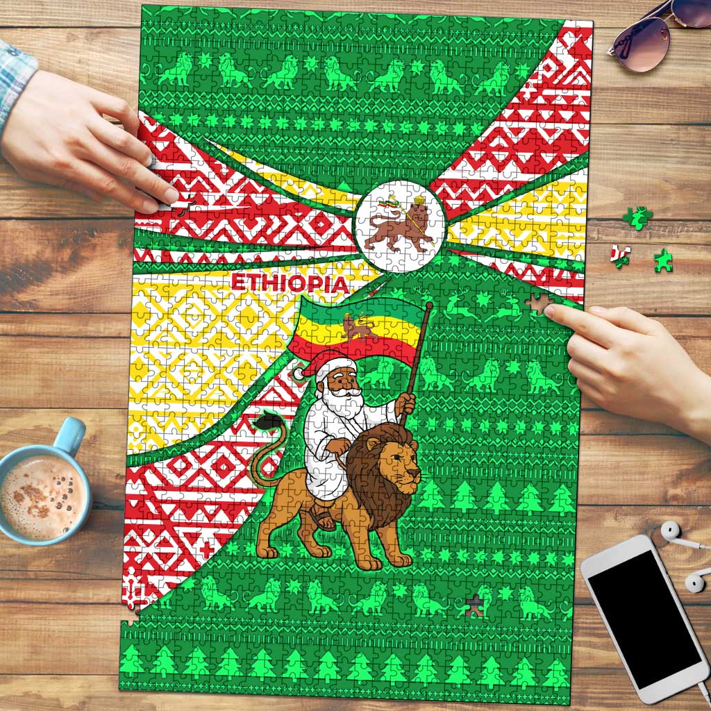 Ethiopia Christmas Puzzle with Santa Riding Lion Ethiopian Flag Colors and Tribal Pattern Design - Wonder Print Shop