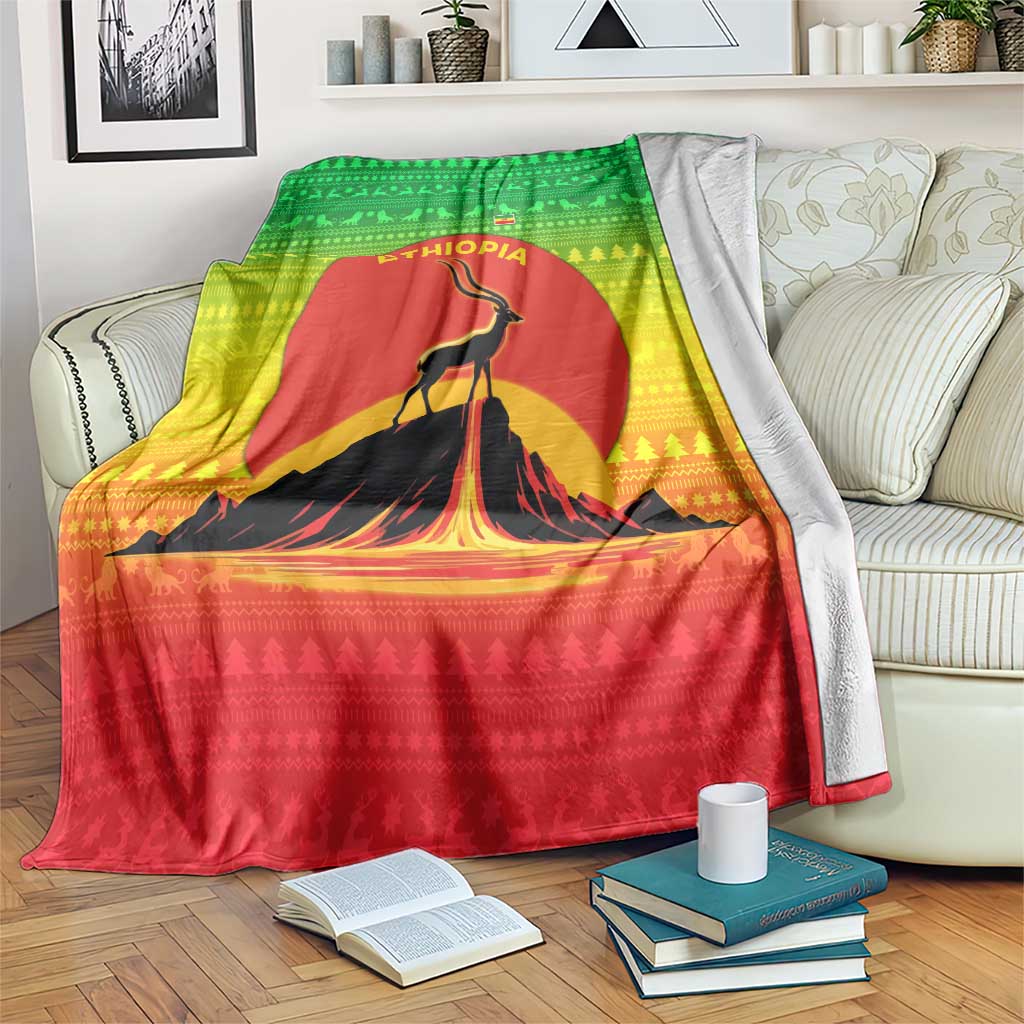 Ethiopia Christmas Blanket with Mountain Gazelle Sunset Ethiopian Flag Colors and Tribal Pattern Design - Wonder Print Shop