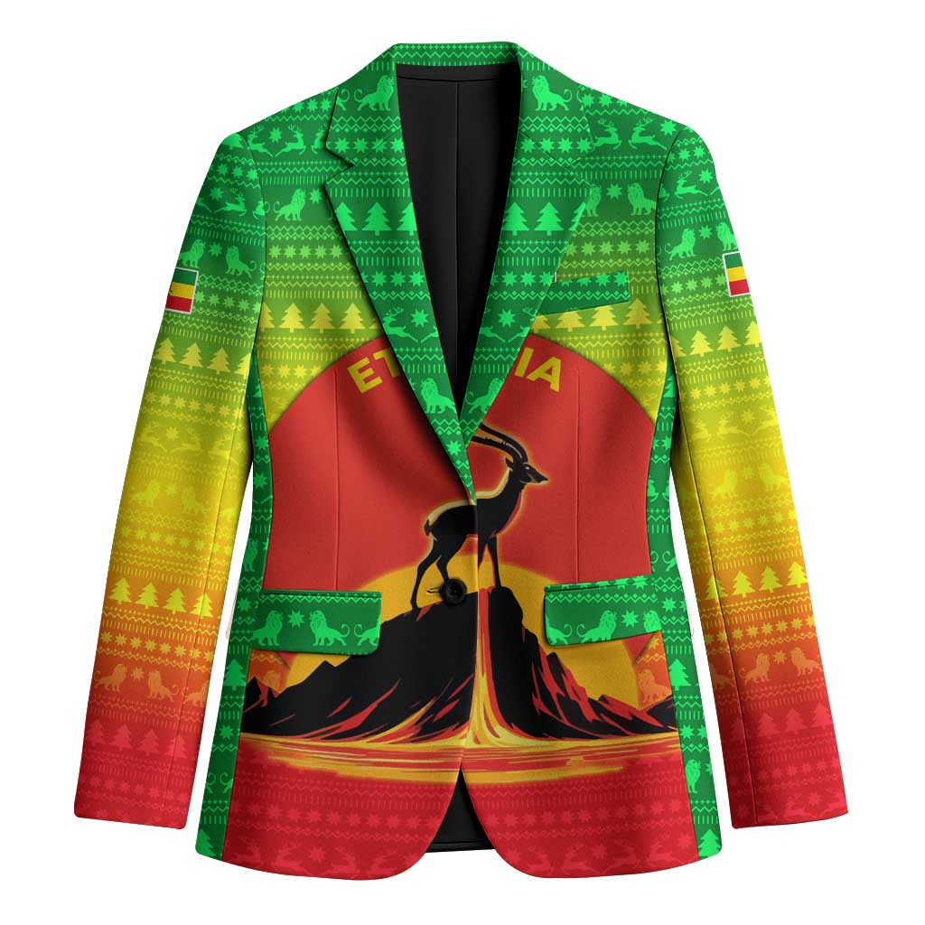 Ethiopia Christmas Blazer with Mountain Gazelle Sunset Ethiopian Flag Colors and Tribal Pattern Design - Wonder Print Shop