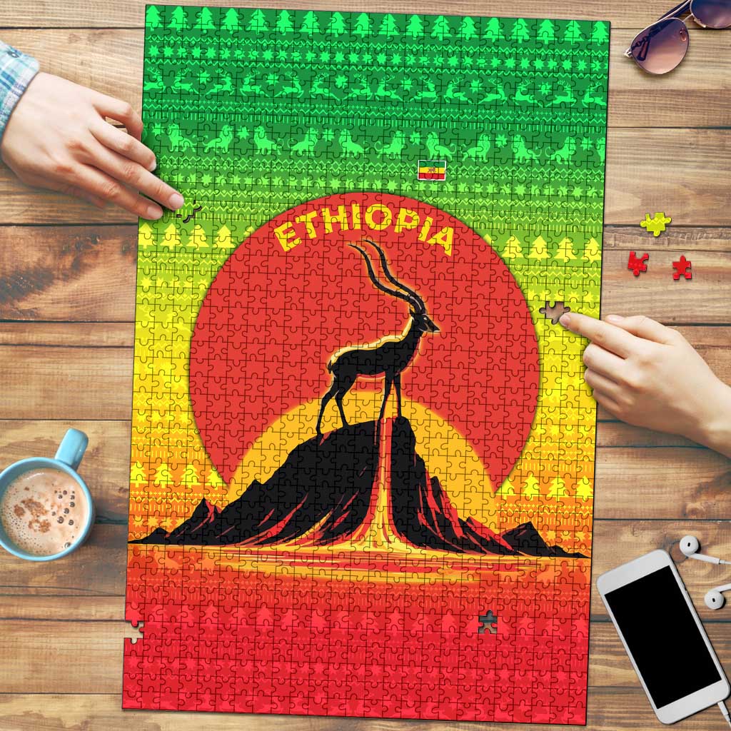 Ethiopia Christmas Puzzle with Mountain Gazelle Sunset Ethiopian Flag Colors and Tribal Pattern Design - Wonder Print Shop
