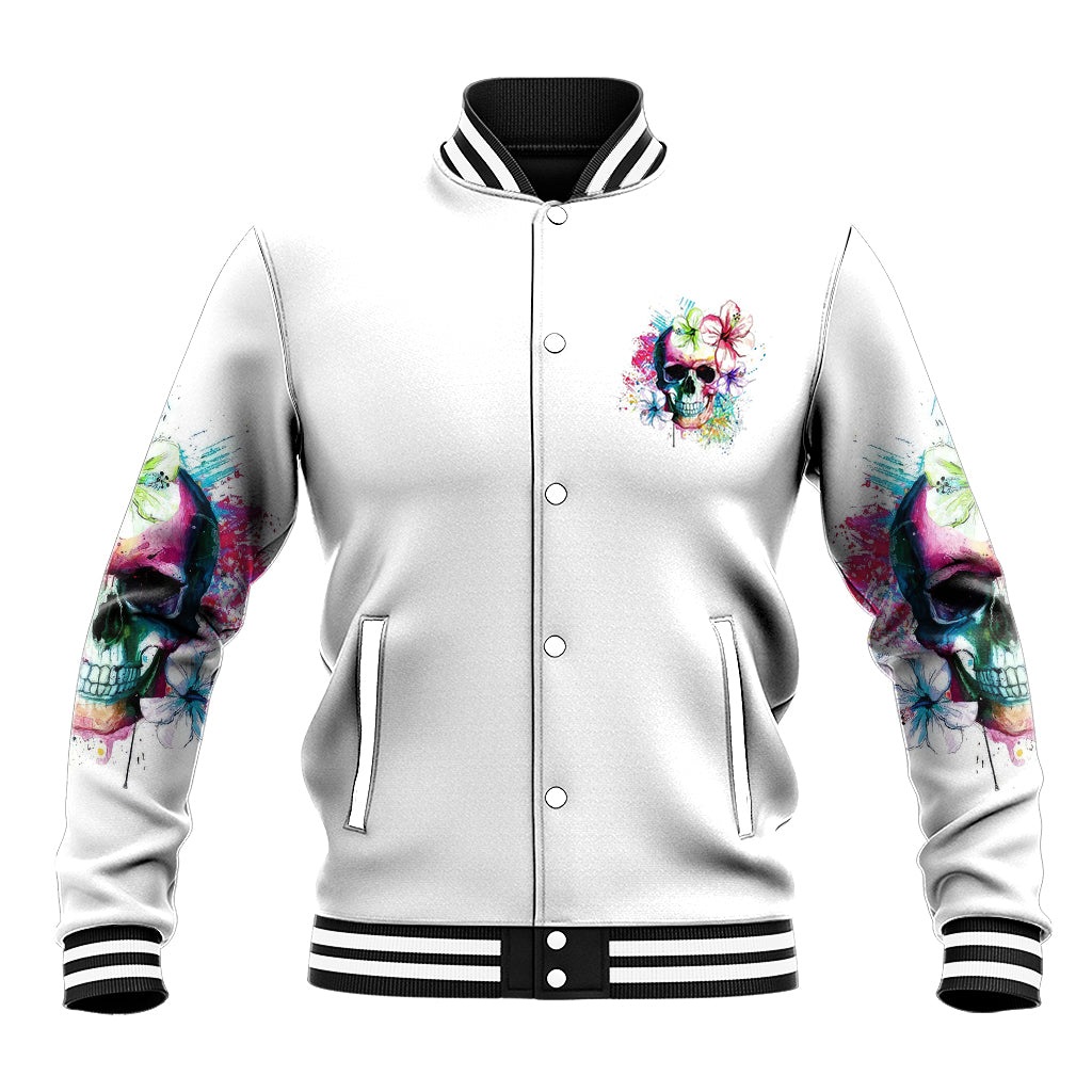 Unisex white baseball jacket with button front, hood lining, and colorful skull chest art